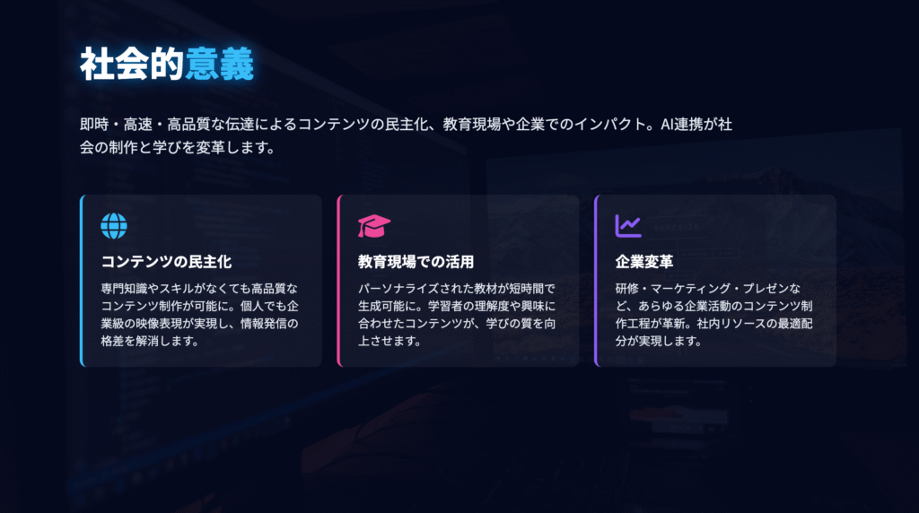 社会的意義
即時・高速・高品質な伝達によるコンテンツの民主化、教育現場や企業でのインパクト。AI連携が社会の制作と学びを変革。