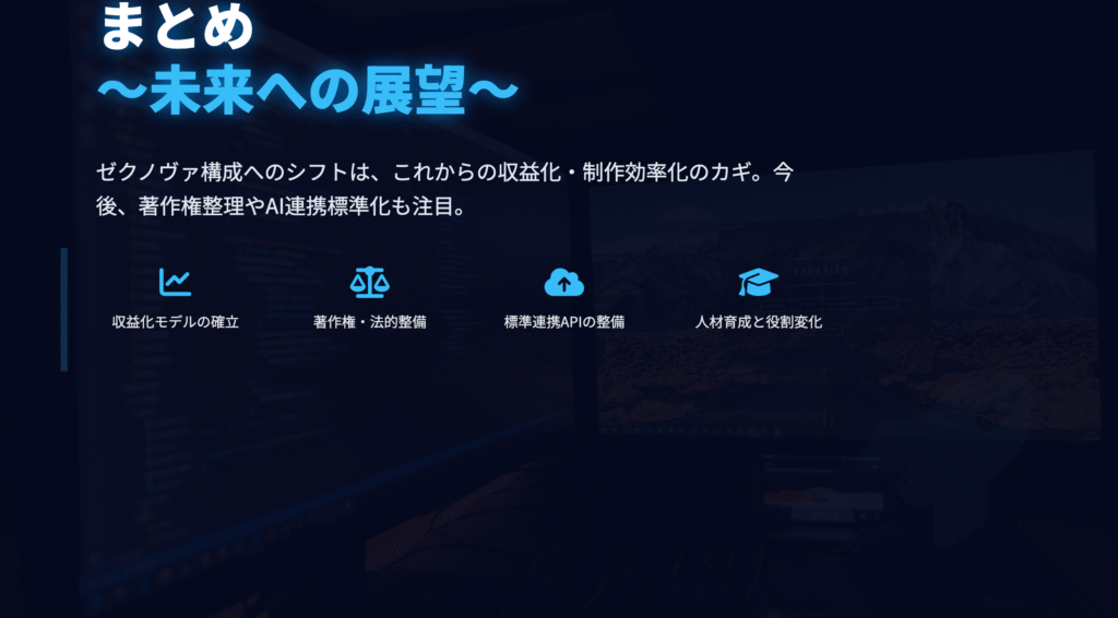 まとめ 〜未来への展望〜
ゼクノヴァ構成へのシフトは、これからの収益化・制作効率化のカギ。今後、著作権整理やAI連携標準化も注目。