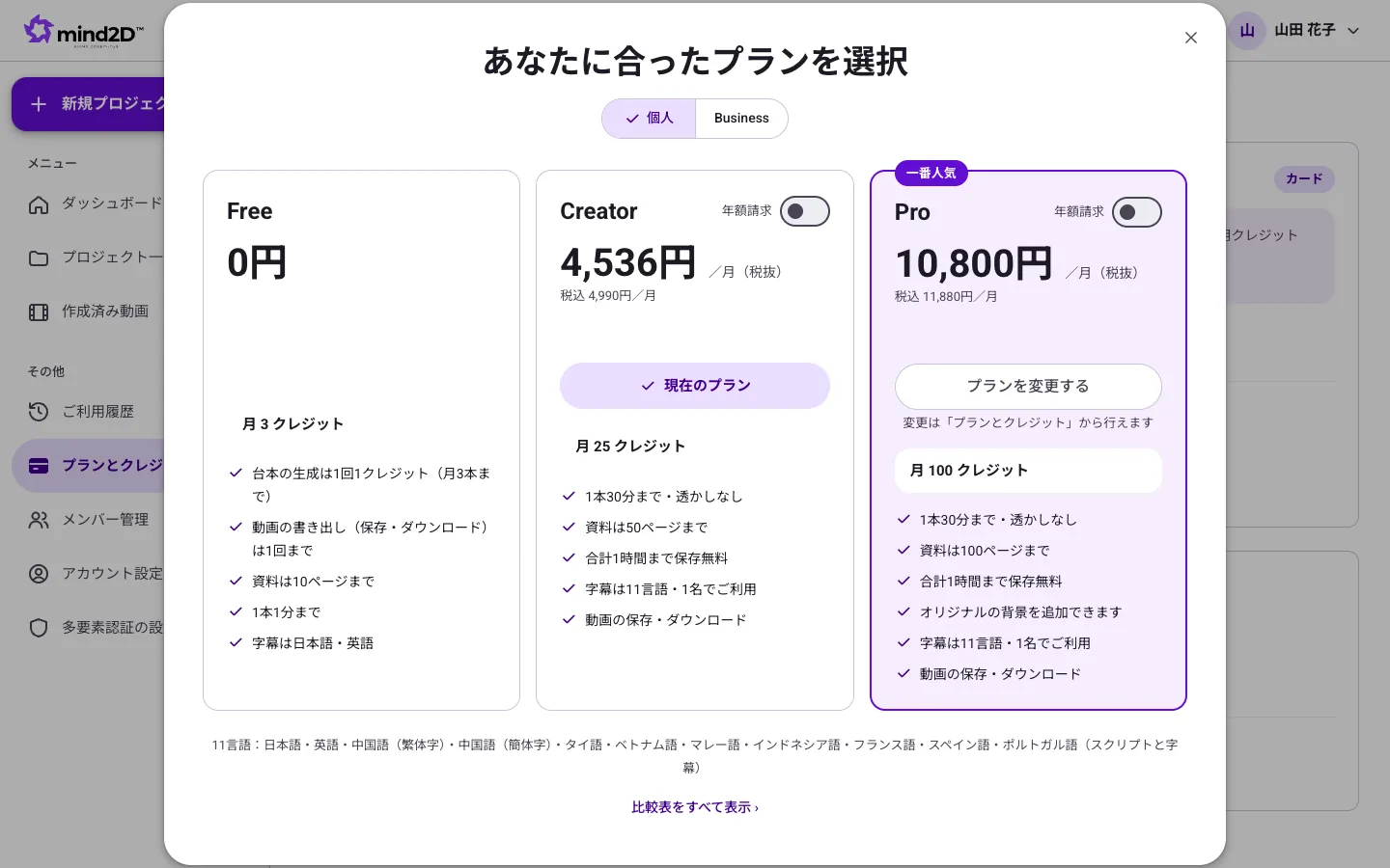 화면 예시: 플랜과 크레딧