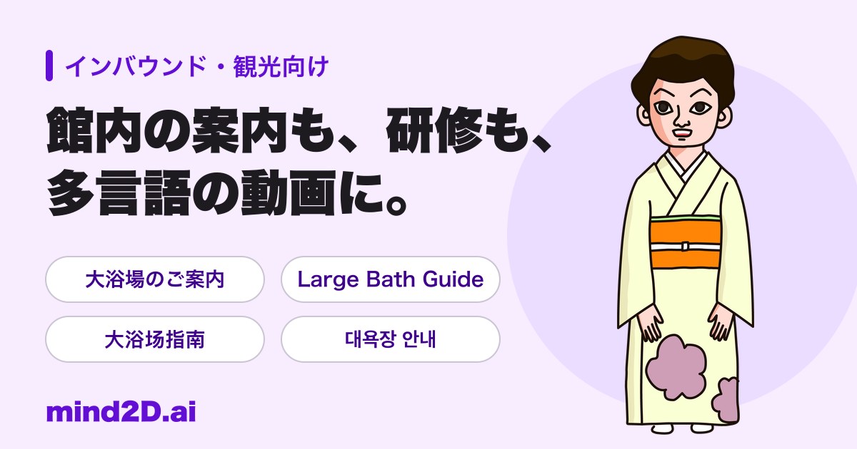 女将のキャラクターと、日本語・英語・中国語・韓国語の案内